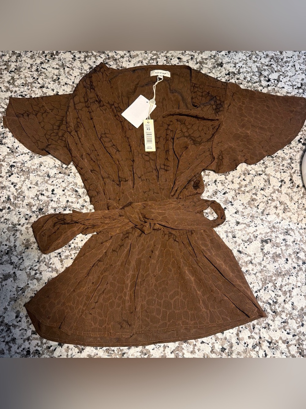 Max studio Brown Textured Wrap Blouse with Belt - Women's Top